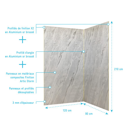 Pack 2 panneaux muraux pierre artic storm 120+90x210 cm + profilés finition et angle or brossé Aurlane - PACP313