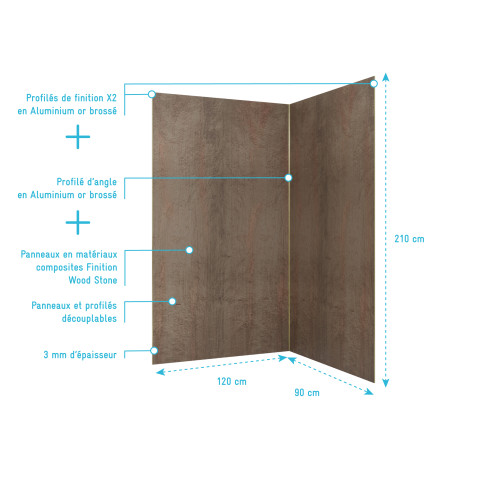 Pack 2 panneaux muraux pierre wood stone 120+90x210 cm + profilés finition et angle or brossé Aurlane - PACP311