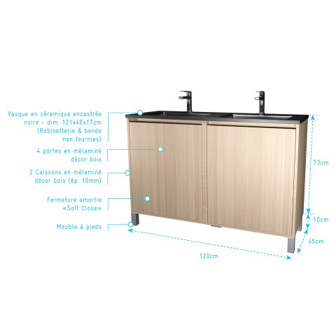 Meuble de salle de bains 120 cm 4 portes chêne clair + vasque double céramique noire - xenos Aurlane - PACM719