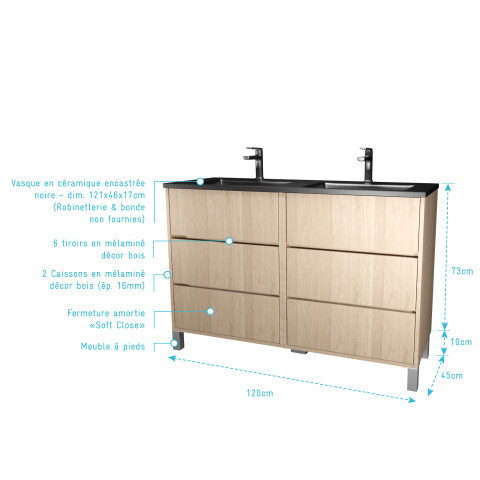 Meuble de salle de bains 120 cm 6 tiroirs chêne clair + vasque double céramique noire - xenos Aurlane - PACM721
