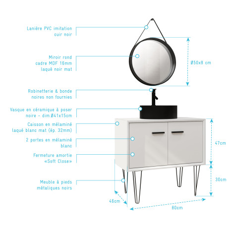 Meuble salle de bains 80cm blanc et noir sur pieds - 2 portes - vasque ronde et miroir barbier noir Aurlane - LAV623