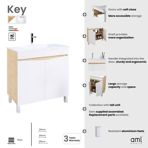 Meuble de salle de bains 60cm 2 portes bois et blanc + vasque céramique blanche - key Aurlane - PACM862