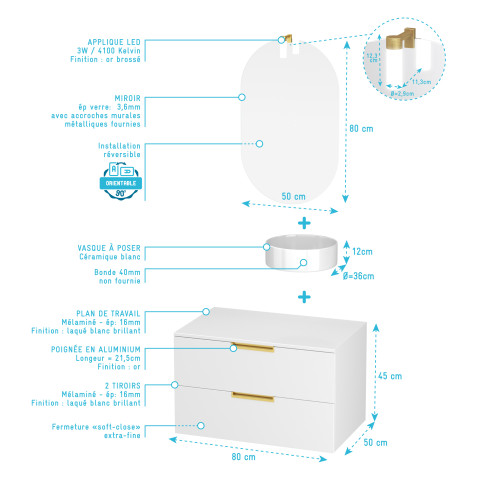 Meuble salle de bains 80cm laqué blanc et or doré 2 tiroirs - vasque blanche - miroir & applique led
