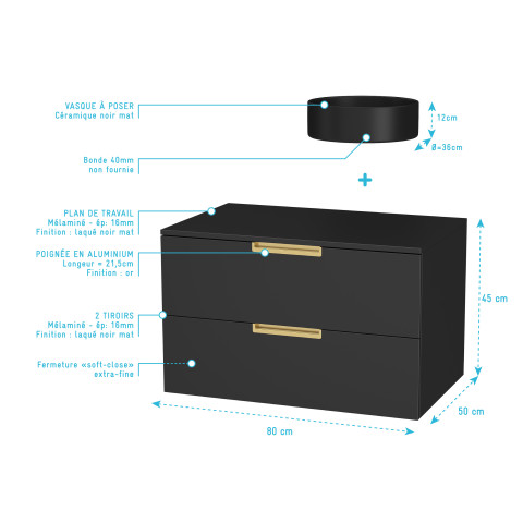 Meuble salle de bains 80 cm laqué noir mat et or doré - 2 tiroirs - vasque ronde à poser noire
