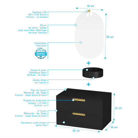 Meuble salle de bains 80cm noir mat et or doré 2 tiroirs - vasque noire - miroir & applique led