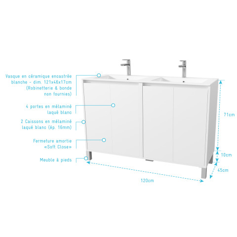 Pack meuble salle de bains 120 cm laqué blanc, 4 portes avec vasque céramique - xenos