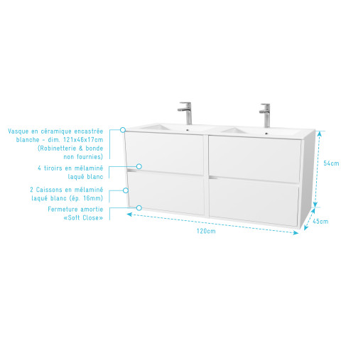 Pack meuble salle de bains 120 cm laque blanc, 4 tiroirs avec vasque céramique - xenos