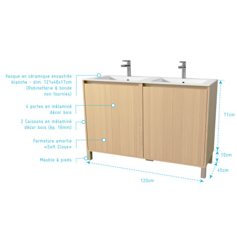 Pack meuble salle de bains 120 cm chêne clair, 4 portes avec vasque céramique - xenos