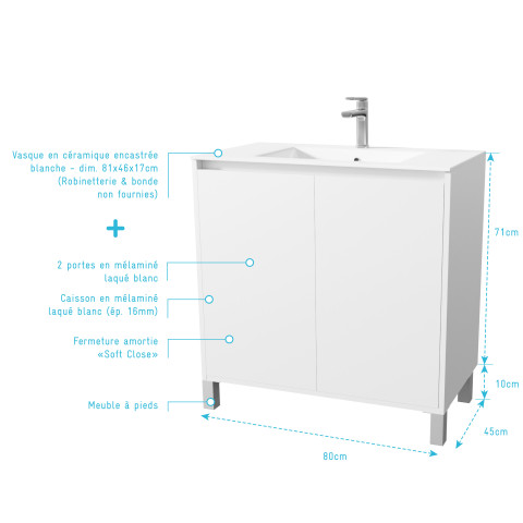 Pack meuble salle de bains 80 cm blanc, 2 portes avec vasque céramique - xenos Aurlane - PACM687