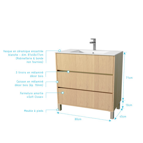 Pack meuble salle de bains 80 cm chêne clair, 3 tiroirs avec vasque céramique - xenos