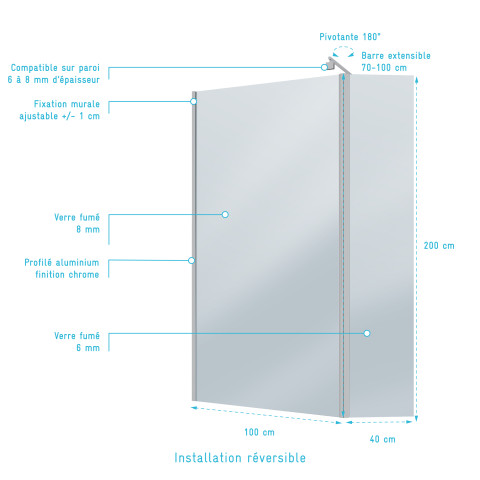 Pack paroi de douche et volet pivotant 100+40x200cm - verre fumé bleu nuit + barre fixation chrome Aurlane - PACF458