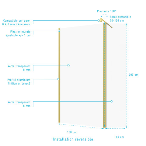 Pack paroi de douche et volet pivotant 100+40x200 cm - profilé + barre de fixation or doré brossé Aurlane - PACF461