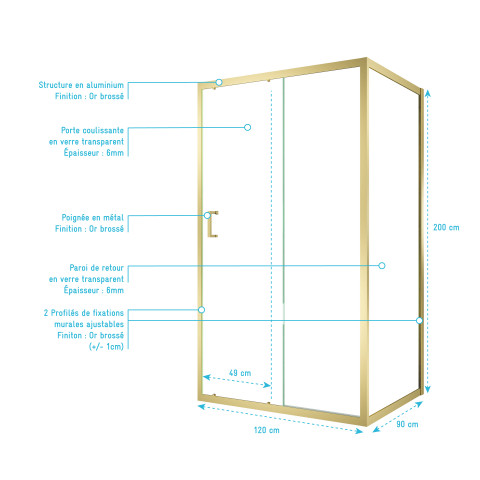 Pack porte de douche coulissante 120x200cm et retour 90cm - profilés or doré brossé - verre 6mm