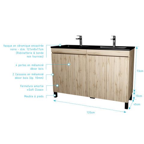 Meuble de salle de bains 120 cm 4 portes chêne naturel + vasque double céramique noire - timber Aurlane - PACM710