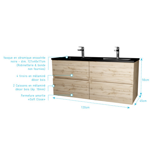 Meuble de salle de bains 120 cm 4 tiroirs chêne naturel + vasque double céramique noire - timber Aurlane - PACM711