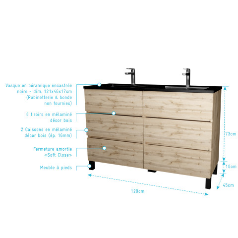 Meuble de salle de bains 120 cm 6 tiroirs chêne naturel + vasque double céramique noire - timber Aurlane - PACM712