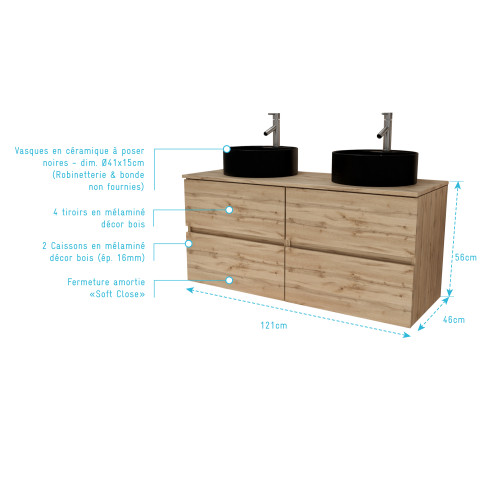 Meuble salle de bains 120cm 4 tiroirs chêne naturel - 2 vasques rondes 41cm en céramique noire Aurlane - PACM752