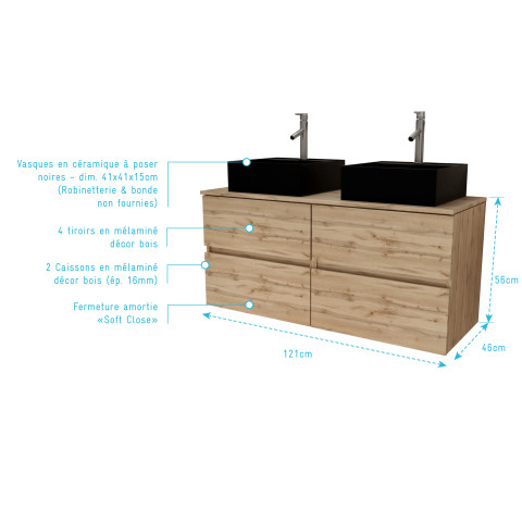 Meuble salle de bains 120cm 4 tiroirs chêne naturel - 2 vasques carrées 41x41x15cm noires Aurlane - PACM753