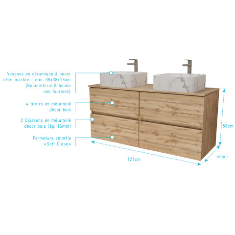 Meuble salle de bains 120cm 4 tiroirs chêne naturel - 2 vasques blanches effet marbre 38x38x13cm Aurlane - PACM754