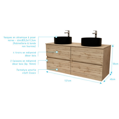 Meuble salle de bains 120cm 4 tiroirs chêne naturel - 2 vasques rondes 36cm en céramique noire Aurlane - PACM757