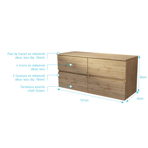 Meuble de salle de bains 120 cm à tiroirs avec plan finition chêne naturel - timber Aurlane - PACM769