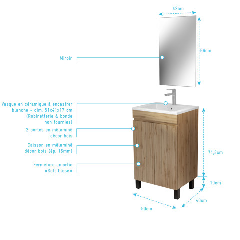 Meuble de salle de bains 50 cm décor chêne naturel à portes - vasque céramique et miroir Aurlane - PACM778
