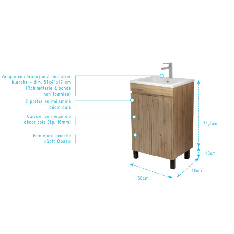 Meuble de salle de bains 50 cm décor chêne naturel à portes avec vasque céramique blanche Aurlane - PACM779