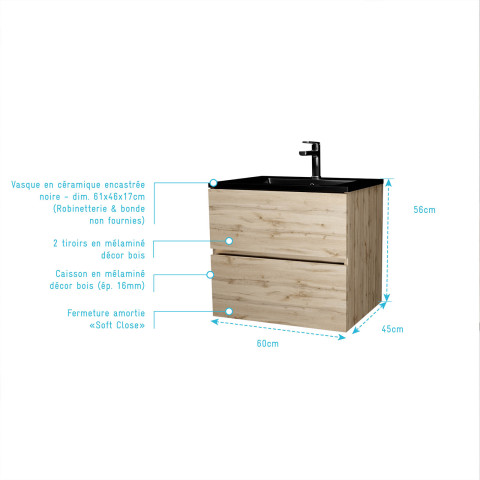 Meuble de salle de bains 60 cm 2 tiroirs chêne naturel + vasque céramique noire - timber Aurlane - PACM705