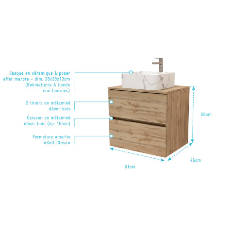 Meuble salle de bains 60cm 2 tiroirs chêne naturel + vasque carrée 38x38x13cm blanche effet marbre Aurlane - PACM738