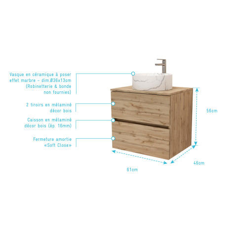 Meuble salle de bains 60cm 2 Tiroirs chêne naturel + Vasque ronde Ø36cm blanche effet marbre Aurlane - PACM739