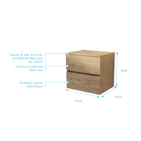 Meuble de salle de bains 60 cm à tiroirs avec plan finition chêne naturel - timber Aurlane - PACM767