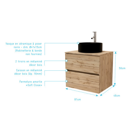 Meuble salle de bains 80cm 2 tiroirs chêne naturel + vasque ronde diamètre 41cm en céramique noire Aurlane - PACM744