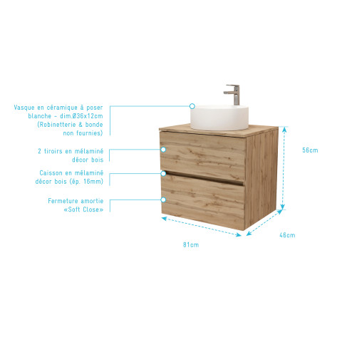 Meuble salle de bains 80cm 2 tiroirs chêne naturel + vasque ronde diamètre 36cm en céramique blanche Aurlane - PACM748