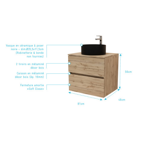 Meuble salle de bains 80cm 2 tiroirs chêne naturel + vasque ronde diamètre 36cm en céramique noire Aurlane - PACM749
