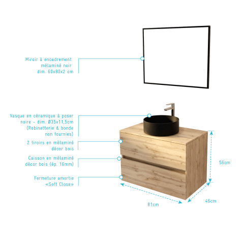 Meuble salle de bains 80cm 2 tiroirs chêne naturel + vasque ronde noire 36cm et miroir 60x80cm Aurlane - PACM763