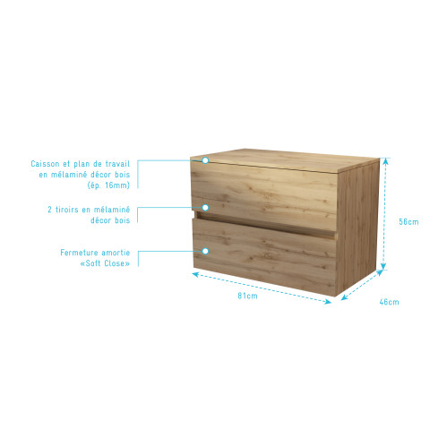 Meuble de salle de bains 80 cm à tiroirs avec plan finition chêne naturel - timber Aurlane - PACM768