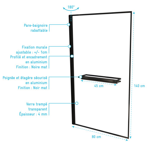 Pare baignoire rabattable 80x140 cm en verre trempé - porte-serviette et etagère noir mat Aurlane - FAC1013