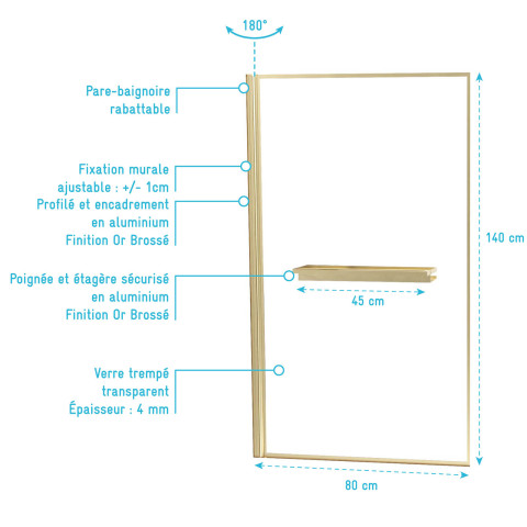 Pare baignoire rabattable 80x140cm en verre trempé - porte-serviette et etagère or doré brossé Aurlane - FAC1014