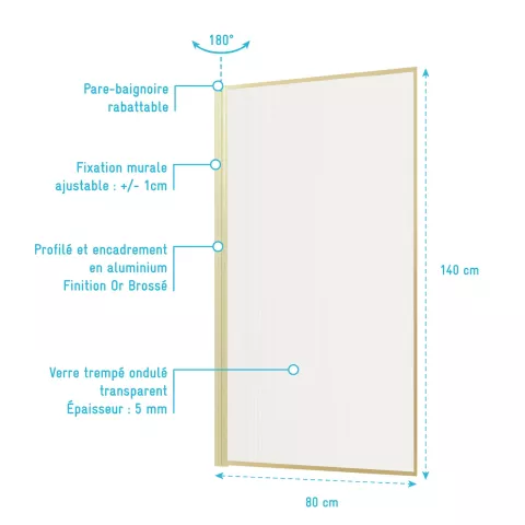 Pare baignoire rabattable 80x140cm - profilé or doré brossé - verre trempé ondulé 5mm Aurlane - FAC1038