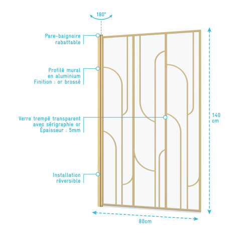 Pare-baignoire rabattable 80x140cm sérigraphie art déco arrondie - finition or doré brossé