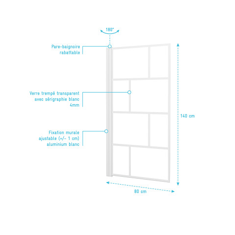 Pare baignoire rabattable 80x140cm - sérigraphie briques blanches - verre trempé 4mm Aurlane - FAC1028