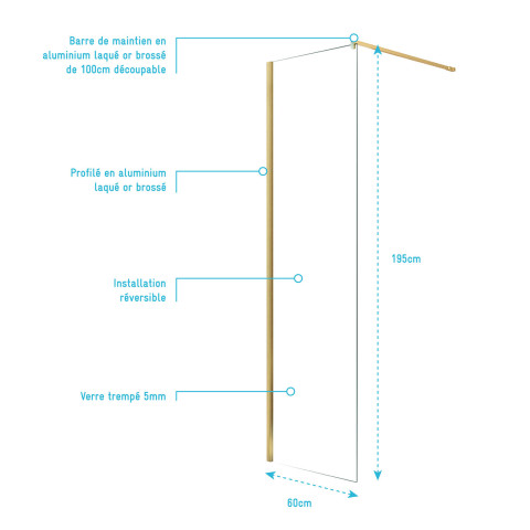 Paroi de Douche 60x195 cm en verre trempé 5 mm - Finition Or Brossé - GOLD ELEMENTARY Aurlane - FAC1003