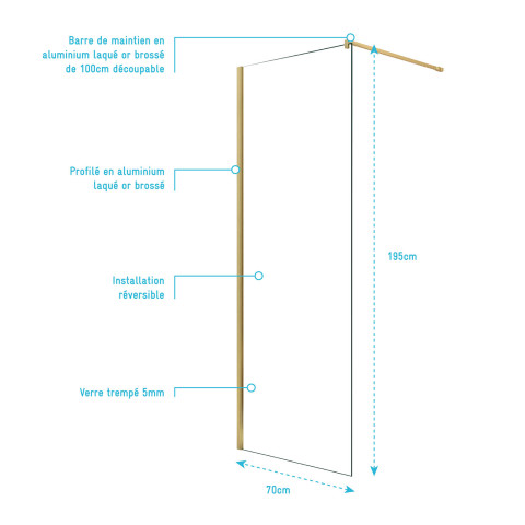 Paroi de douche 70x195 cm en verre trempé 5 mm - finition or brossé - gold elementary Aurlane - FAC1004