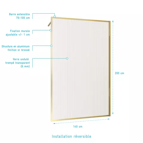Paroi de douche verre cannelé 6 mm - 140x200 cm - cadre et bras aluminium or doré brossé Aurlane - FAC1037