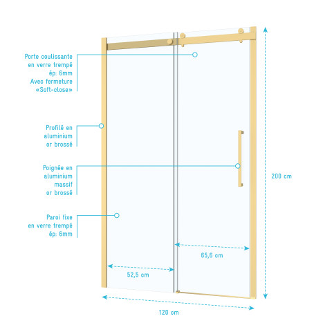 Porte de douche coulissante type industriel 120x200 cm - finition or doré brossé - verre trempé 6 mm Aurlane - FAC979