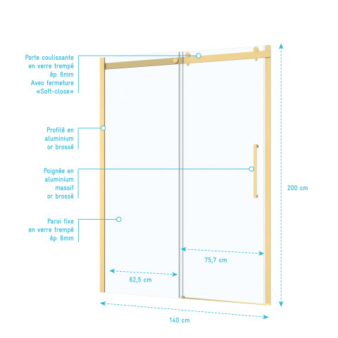 Porte de douche coulissante type industriel 140x200 cm - finition or doré brossé - verre trempé 6 mm Aurlane - FAC980