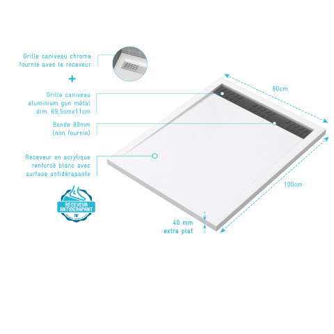 Receveur en acrylique blanc 80x100x4 cm + grilles linéaires chrome et gun metal - whiteness ii Aurlane - PACR179