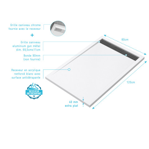 Receveur en acrylique blanc 80x120x4 cm + grilles linéaires chrome et gun metal - whiteness ii Aurlane - PACR180