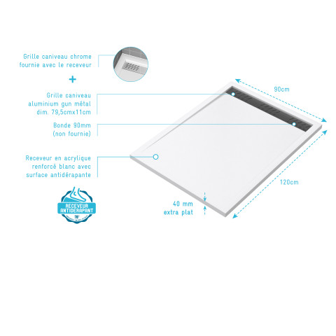 Receveur en acrylique blanc 90x120x4 cm + grilles linéaires chrome et gun metal - whiteness ii Aurlane - PACR181