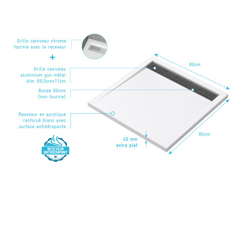 Receveur en acrylique blanc 80x80x4 cm + grilles linéaires chrome et gun metal - whiteness ii Aurlane - PACR177